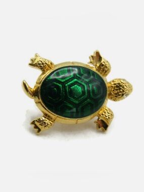 Vintage Turtle Brooch Pin Green Enamel Shell Gold Tone Figural JewelryVintage